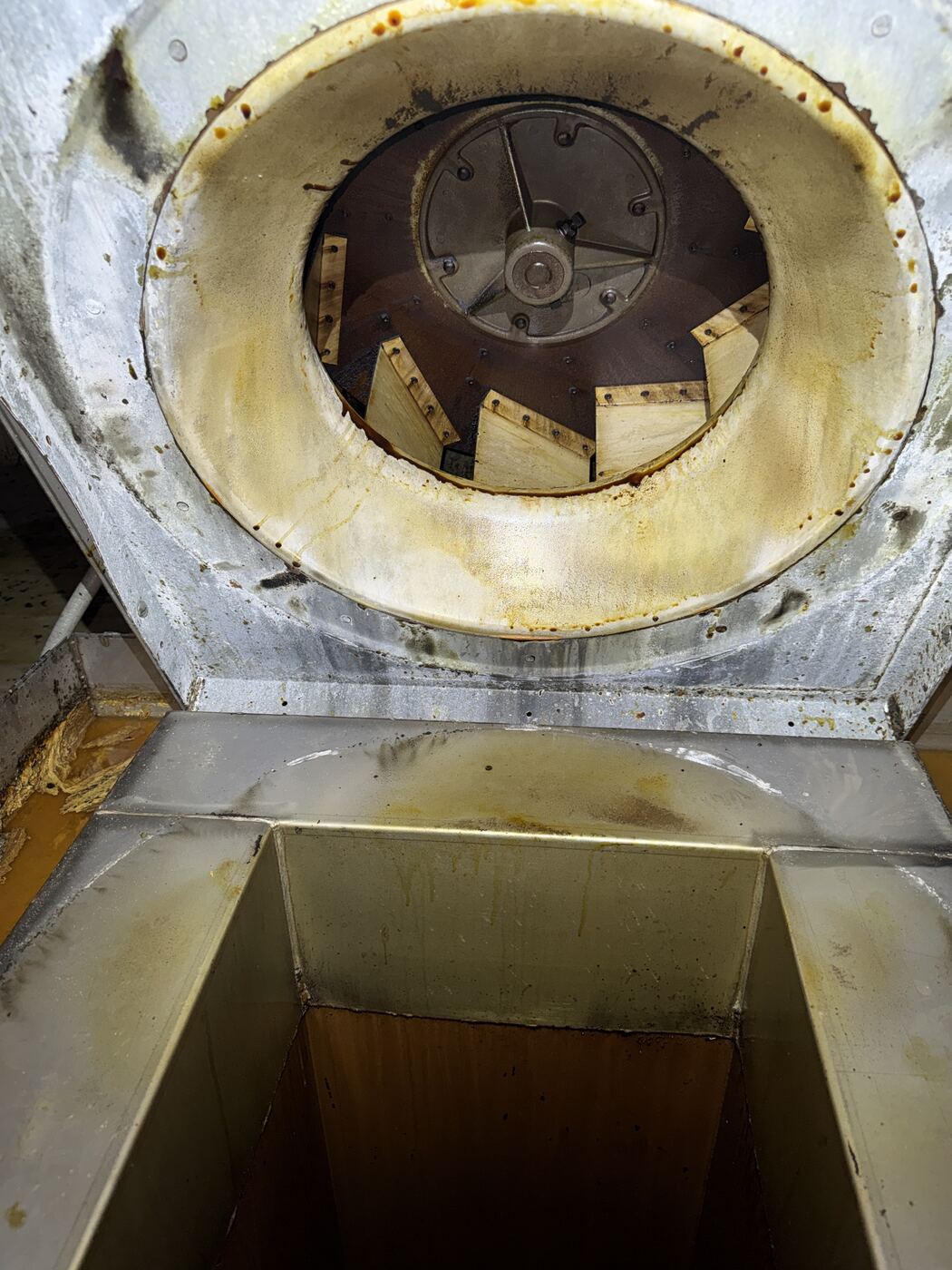 Exhaust fan wheel caked in grease before cleaning